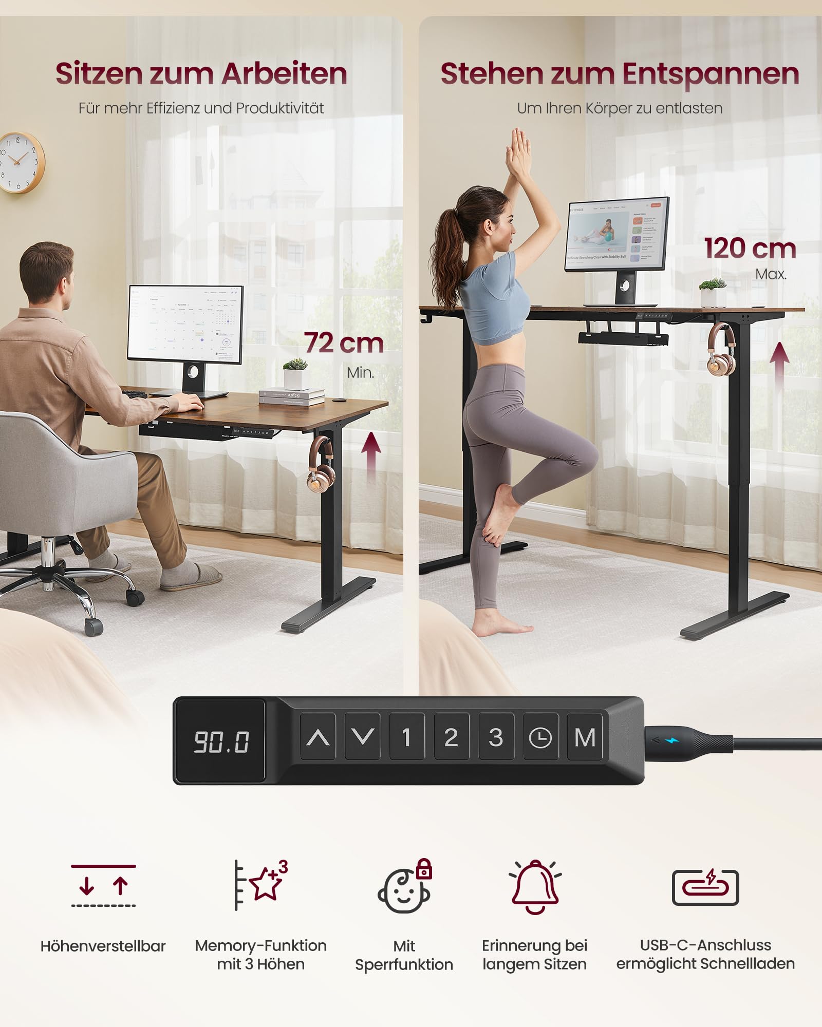 VASAGLE Höhenverstellbarer Schreibtisch, 180 x 80 cm, USB-C-Anschluss, Ablage für Steckdosenleiste, Stehtisch, Erinnerung bei langem Sitzen, 3 Speichertasten, für Büro, vintagebraun LSD148KD02 6