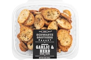 Garlic & Herb Bagel Chips NY Style Bagel Crisps. Organic, Vegan, Kosher. From the artisans of Schwartz Brothers Bakery. Baked Fresh. Twice Baked. 8 ounce container. Great Snack. Delicious. Pack of 2.