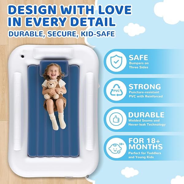 DEETECK INFLATABLE TODDLER TRAVEL BED – 60 INCHES PORTABLE TODDLER BED FOR TRAVEL WITH SAFETY SIDES – COZY KIDS AIR MATTRESS SET WITH BUILT-IN ELECTRIC PUMP & CARRY CASE- EASY TO INFLATE – SEA BLUE