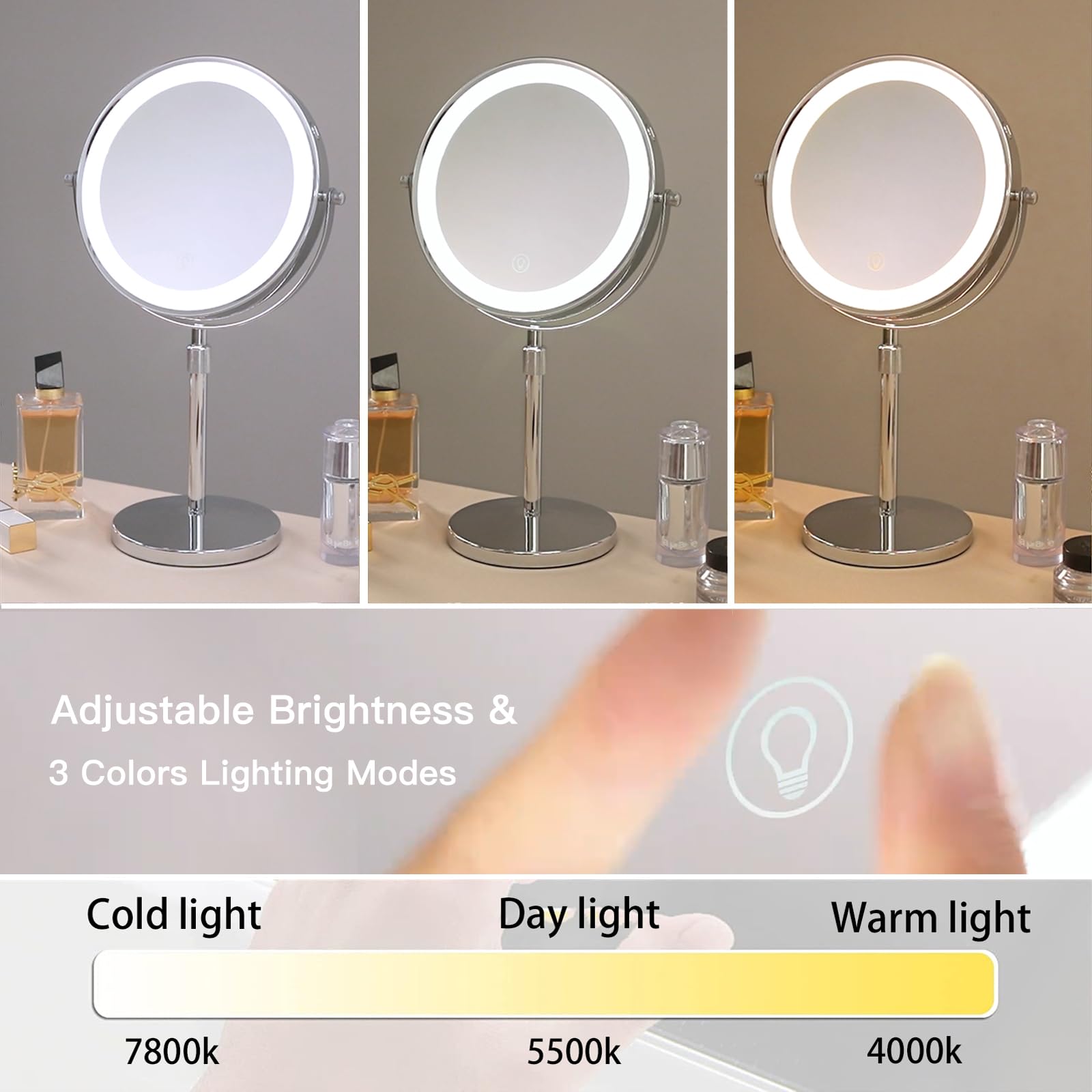 Lighted Makeup Mirror with Magnification, Rechargeable Lighted Mirror, Three Color Lighting Modes, Height Adjustable, 1x/10x 360° Rotation Touch Screen Vanity Mirror (8in. Silver)