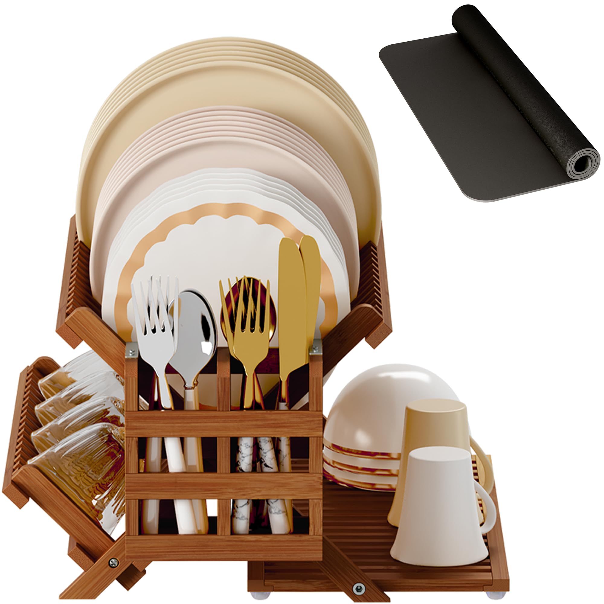 Photo 1 of Greenual Teak Dish Drying Rack with Utensil Holder, 3 Tier Collapsible Dish Rack, Wooden Dish Racks for Kitchen Counter, Large Folding Drying Holder with Absorbent Dish Drying Mat