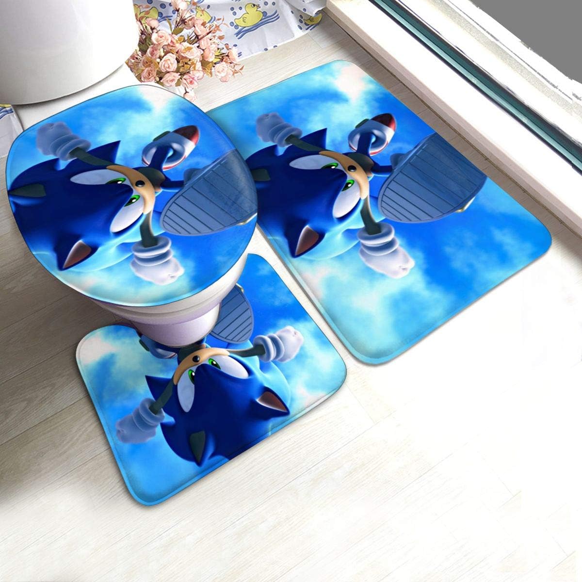 3 Pieces Bath Mats Set for Fall Gift, Skidproof Bathroom Rug, U-Shaped Mat, Lid Cover for Indoor Sink, Fashion Soft Shower Rugs with Sonic The Hedgehog Blue Sky Movie Poster
