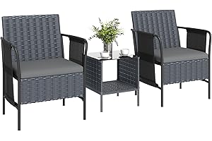 Outsunny 3 Piece Wicker Patio Furniture Set, Outdoor Bistro Set with Side Pockets, Mesh Seat, 2 Tier Glass Table, Cushions, O