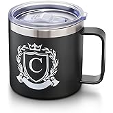 Personalized 14 Oz Initial Insulated Coffee Mug with Lid Travel Large Cup Men Him Boyfriend Bf Fiance Mr 1 One Year First Anniversary Meaningful Romantic Christmas Valentines Custom Day Gifts,C