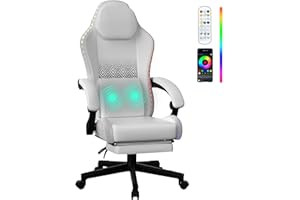 NEXTHRA LED Gaming Chair, Leather Game Chair with Massage Lumbar Support and Footrest, Ergonomic Computer Chair with RGB Lights for Adults and Kids, White