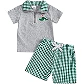 Gueuusu Toddler Baby Boy Summer Outfit Embroidered Quarter Zip Short Sleeve Collared Shirt Plaid Shorts Set Clothes