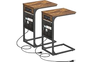 TUTOTAK C Shaped End Table with Charging Station, Side Table for Sofa, Couch with Storage Bag, Set of 2, TV Tray with 2 USB Ports and Outlets for Living Room, Bedroom, Brown TB01BB0242