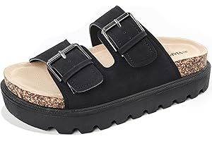 Viapipa Chunky Platform Sandals for Women, Waterproof Non-Slip Rubber Sole, Adjustable Double Buckle, Arch Support Open Toe Slide Sandals, Comfortable Black Wedge Sandals for Women