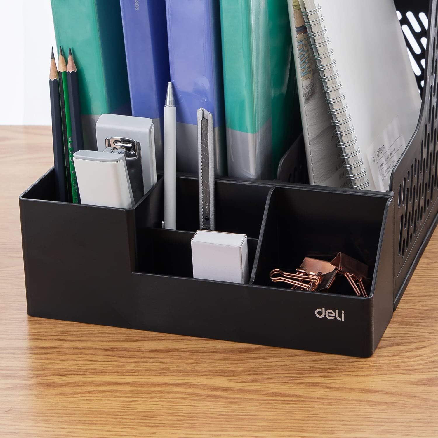 Deli Magazine File Book Holder Desktop Organizer Vertical Folder with Pencil Holder and Storage Baskets for Desk Accessories, 3 Compartments, Black : Office Products