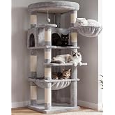 Heybly 53.1" Corner Cat Tree for Large Cats &ndash; Interactive Play HCT029W | Sturdy Cat Tower with Cozy Cat Condo, Fan-Shaped Top Perch, Basket, Hammock &amp; Solid Base, Light Gray
