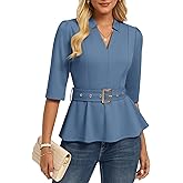 GRACE KARIN 2026 Women Dressy Tops, V Neck Half Sleeve Business Casual Blouses, Spring Fashion Peplum Work Shirts with Belt