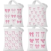 Paterr 4 Pack Pink Bow Canvas Tote Bags Coquette Aesthetic Grocery Shopping Bags with Handles Reusable Cute Preppy Stuff Bow Gift for Women