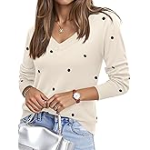NILOINE Sweaters for Women Polka Dot Top Fall V Neck Trendy Long Sleeve Casual Lightweight Cute Knit Pullover Sweaters