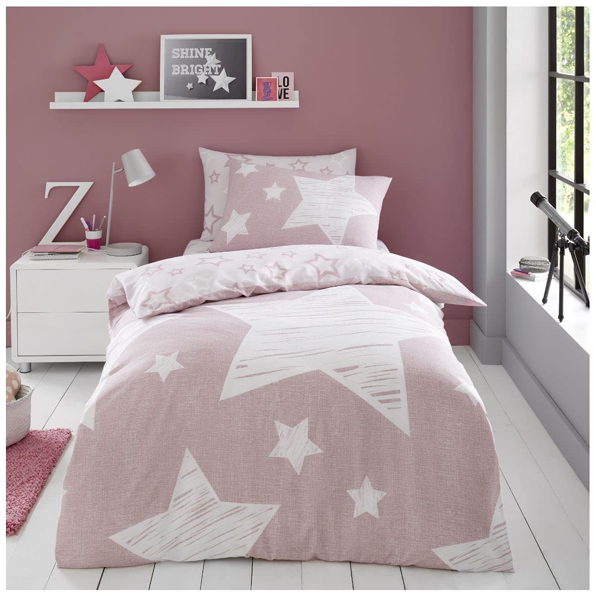 GC GAVENO CAVAILIA Kids Super Star Duvet Cover Set Single | Blush Pink Star Bedding Set with Pillowcase | Soft Polycotton Reversible Bed Set for Boys & Girls Bedroom