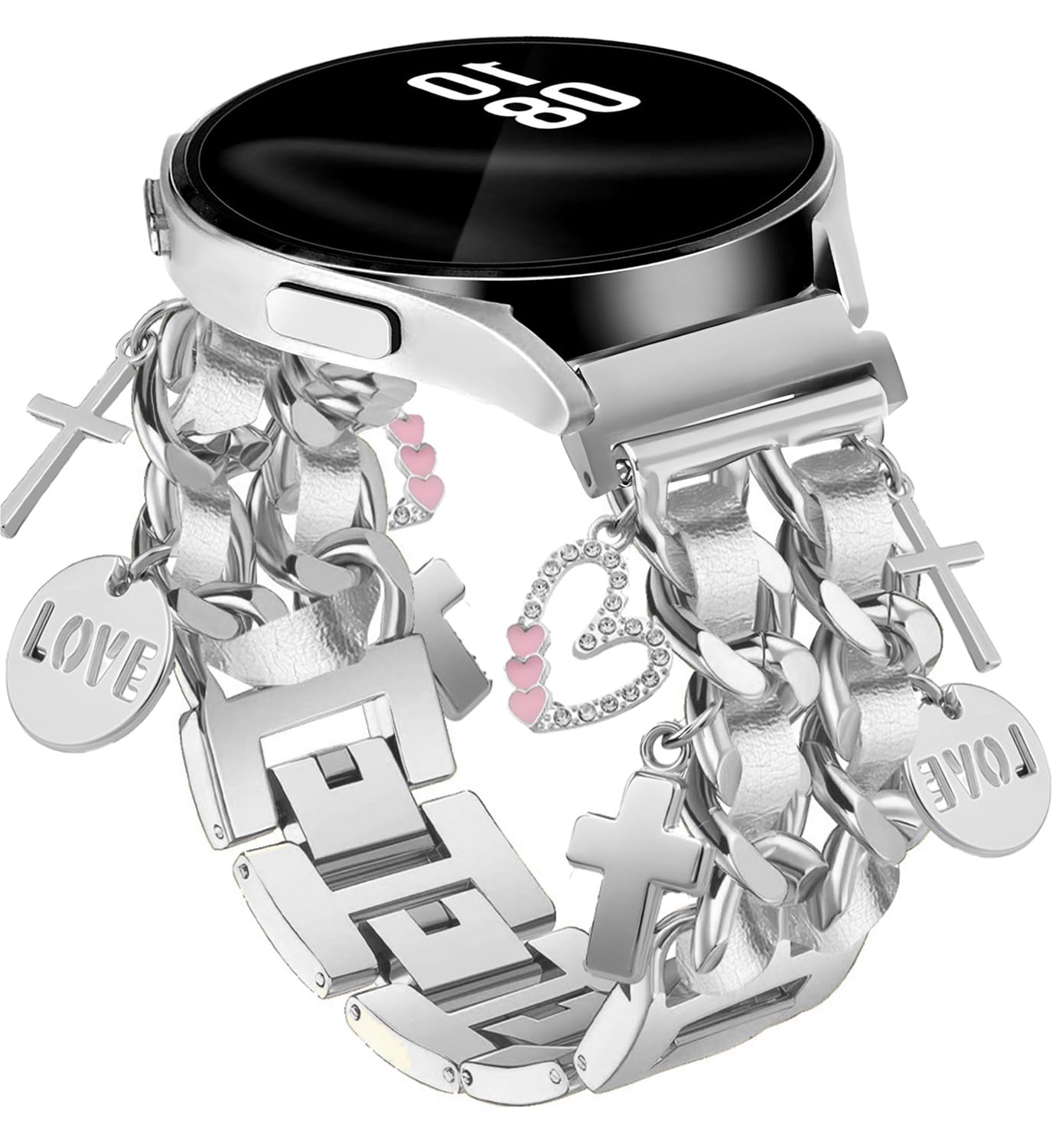 Silver Bracelet Band with Cute Charm Compatible for Samsung Galaxy Watch 7 6 5 4 FE 40mm 44mm/5 Pro 45mm/6 Classic 43mm 47mm/4 Classic 42mm 46mm, Galaxy Active 2, 20mm Metal Replacement Strap for Women