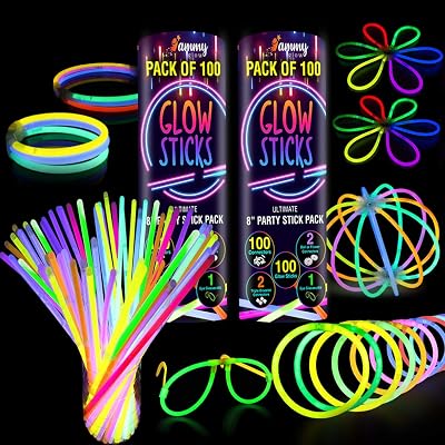 Ammy Glow 200 Premium Glow Sticks Party Pack 8 inch with Connectors Multi