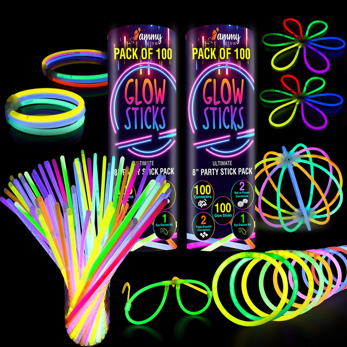 200 Premium Glow Sticks Party Pack 8 inch with Connectors to make Neon Bracelets,Necklaces,Eye Glasses and Balls for Party Supplies-Multi Coloured-410 Pcs — image 1