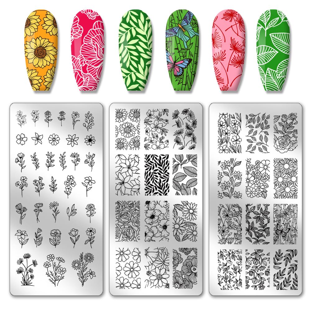 PH PandaHall 3PCS Flowers Leaf Nail Stamping Plates Plant Nail Stamper Butterfly Nails Art Stencils Stainless Steel Nails Image Plates Sunflower Daisy Manicures Stamp for DIY Print Manicure Design