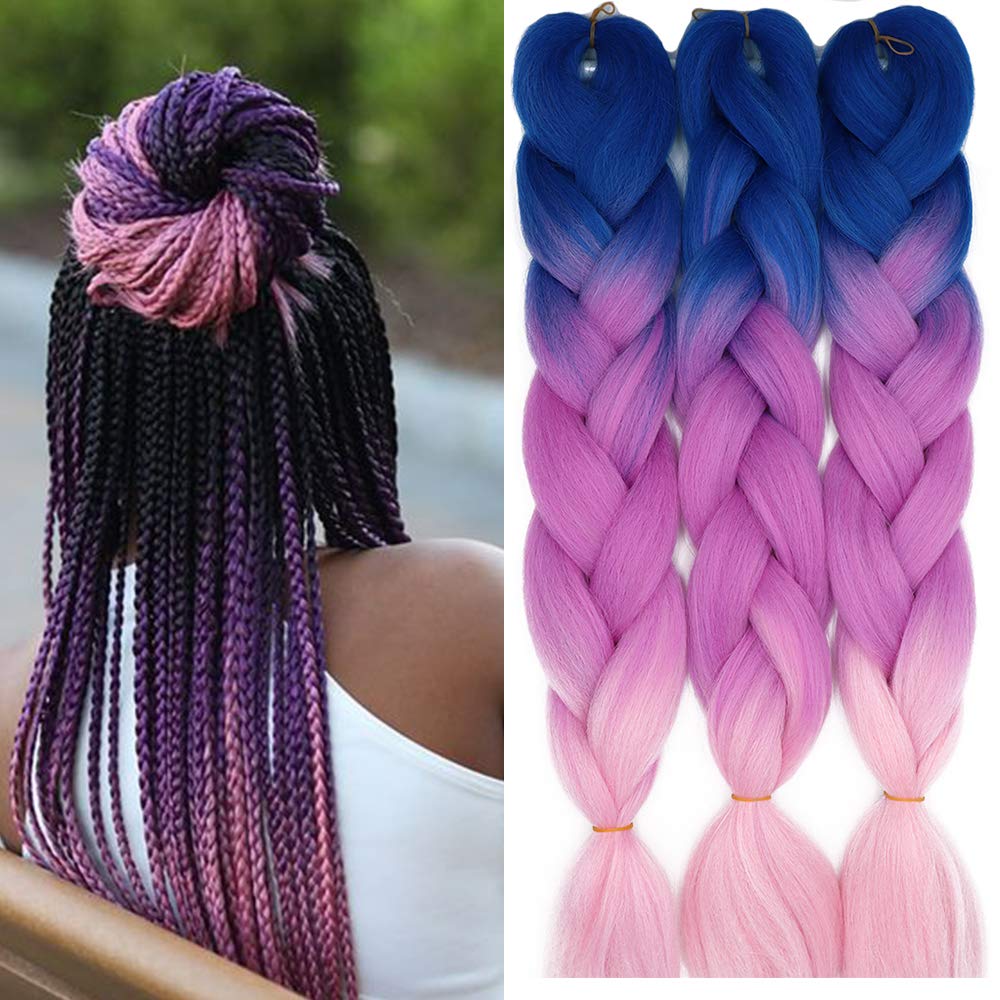 Cybelleza 24inch Braiding Hair Extensions for Braiding Ombre Jumbo Braiding Synthetic Hair 3PCS 300g Crochet Hair Box Braids for Women Braiding (Blue & Purple & Pink)