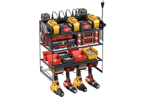 JUNNUJ Power Tool Organizer with 10 Outlet Power Strip, 4 Layer Wall Mount Drill Holder with Charging Station, 4 Drills Storage Shelf Shop Garage Utility Rack, Black