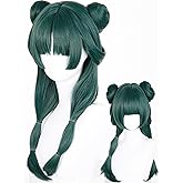 Half and Half Maomao Cosplay Wig with Double Buns & Bangs, 19'' Long Dark Green Anime Ponytails Wigs Pigtail Hair Wig for Women Halloween Party Daily