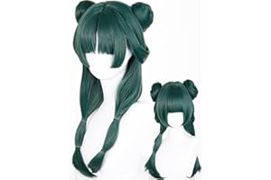 Half and Half Maomao Cosplay Wig with Double Buns & Bangs, 19'' Long Dark Green Anime Ponytails Wigs Pigtail Hair Wig for Wom