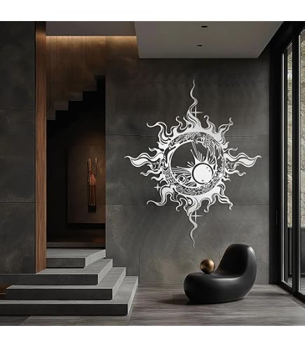 Decoración De Pared Bohemia Sol Y Luna - Arte En Metal Negro Moderno 43x30 Cm Para Dormitorio, Salón
