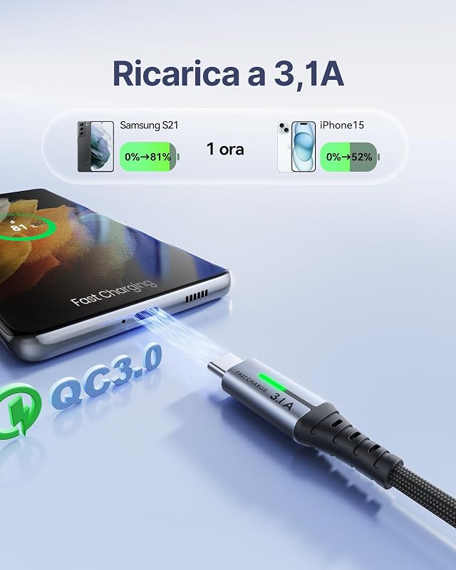 Cavo USB Type-C, Cavo USB [2m+2m+0.5m] QC Tipo C Cavo Type C Rapida