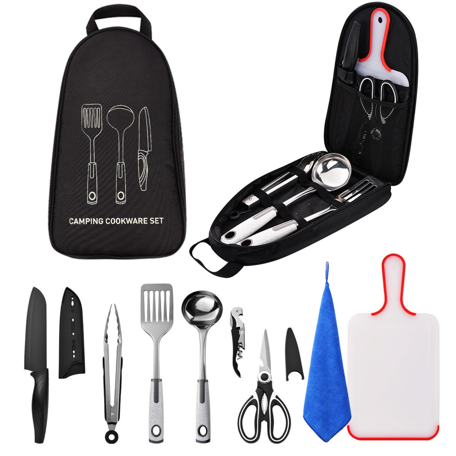 Sadodo Camping Cooking Utensils Accessories Set,9PCS Kitchen Utensils Organizer,Stailess Steel Multifunctional Cutter Spoon Spatula cleaning cloth With Storage Bag for Picnic,BBQ,Hiking,Caravan,Black