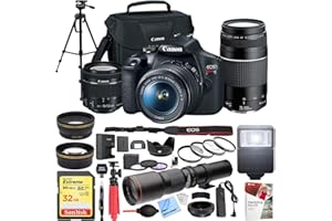 Canon EOS Rebel T7 DSLR Camera with EF 18-55mm with EF 75-300mm Double Zoom Kit Bundle with 500mm Preset Telephoto Lens, 32GB Memory Card, Tripod, Paintshop Pro and Accessories (10 Items)