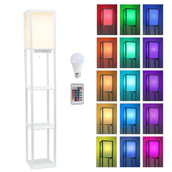 SIMPLE DESIGNS LF1037-WHT-CCLB 62.5″ THREE SHELF ETAGERE ORGANIZER STORAGE FLOOR LAMP WITH 2 DUAL USB PORTS AND CHARGING OUTLET, WHITE, WITH COLOR CHANGING LED BULB INCLUDED