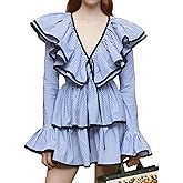 CUFEZN Womens 2026 Summer Ruffle Mini Dress Tiered V-Neck Contrast Striped Party Casual Long Sleeve Flowy Dresses