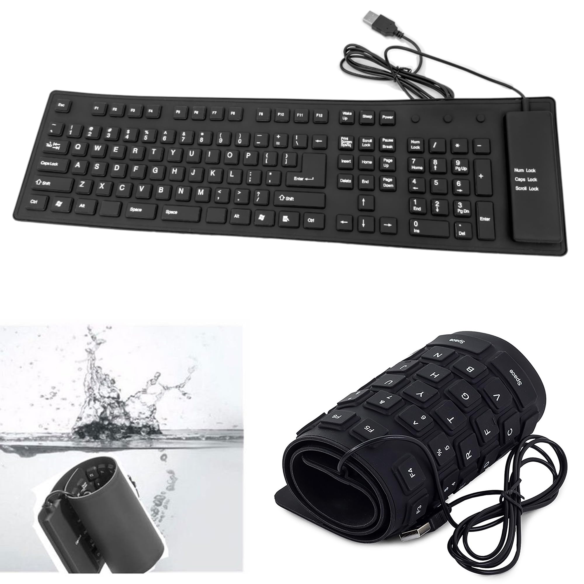 Techson Roll-up Silicone Keyboard, Waterproof Portable Flexible Foldable Silent Keyboard with USB 2.0 for PC Notebook Laptop(Black) (109 Keys - Black)