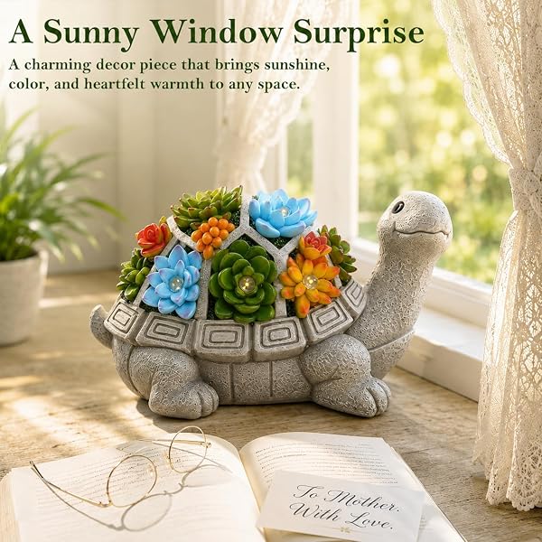 NACOME SOLAR GARDEN OUTDOOR STATUES TURTLE WITH SUCCULENT AND 7 LED LIGHTS – LAWN DECOR STATUE FOR PATIO, BALCONY, YARD ORNAMENT – GIFTS FOR MOM GRANDMA WOMEN