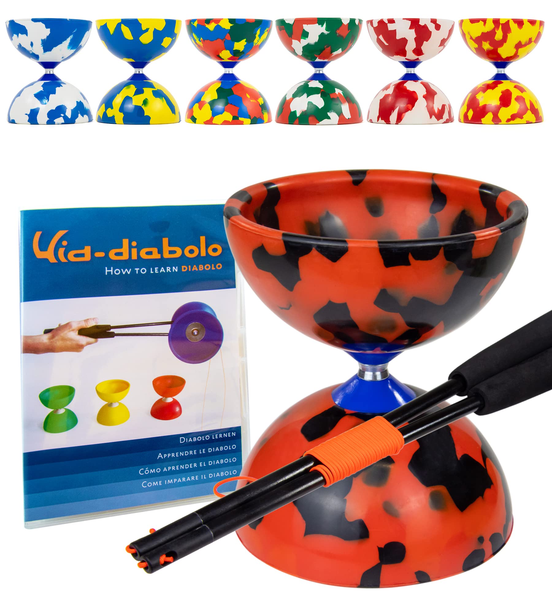 Juggle Dream Jester Diabolo Set - Fixed Axle Professional Diabolo with Super Glass Handsticks, Online Learning Video - Juggling Toy (Black/Red)