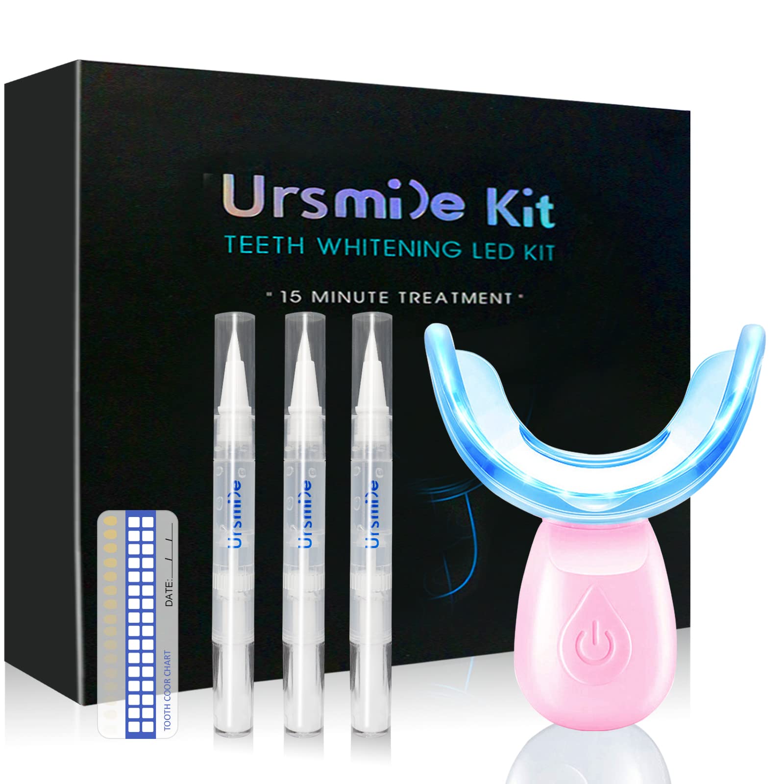 HIYAA 16 LED Teeth Whitening Kit with 3 Gel Refills, Pink Tray - Sensitivity Free Whitener for Home & Travel