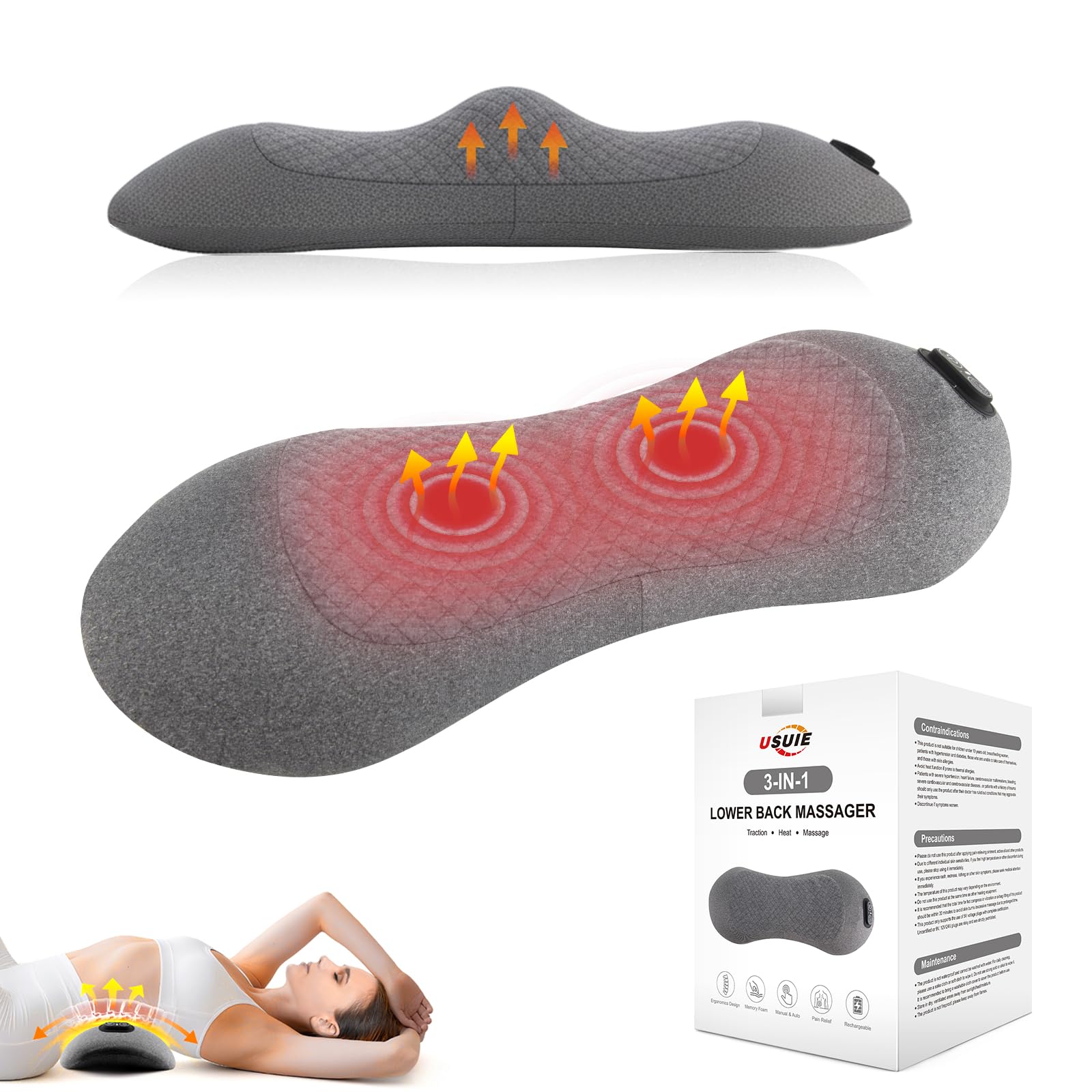 Photo 1 of USUIE 3-in-1 Rechargeable Electric Lumbar Support Pillow with Heat & Massage & Traction, Ergonomic Lower Back Massager for Pain Relief Deep Tissue, Ideal for Car/Bed/Sleeping/Office Chair/Travel