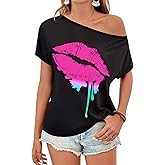 80s Outfit for Women Party Costumes Size for Women Clothes Novelty Neon 80s Off Shoulder T-Shirt Tops,Off Shoulder Tops Women