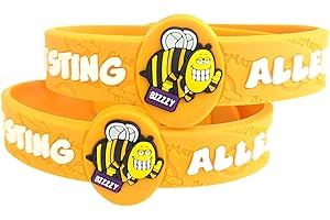 ALLERMATES Bee Allergy Bracelet, Kids Medical Wristband – Colorful Bee Sting Medical Alert Bracelets for Kids Ages 3+ Adjustable & Soft Bee Sting Allergy Bracelets (2 Pack “Bizzy”)