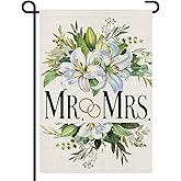 Mr. & Mrs Just Married Wedding Garden Flags for Outside 12x18 Inch Double Sided Burlap, Floral Marriage Welcome Romantic Small Flag Farmhouse Yard Lawn Outdoor Decoration DF947