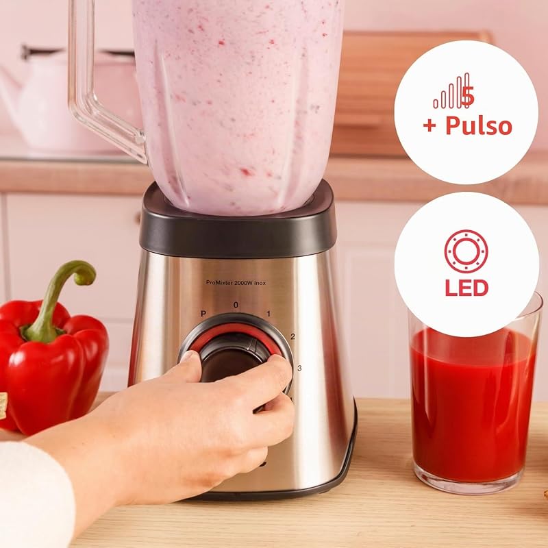 - Batidora de vaso Promixter 2000 W | Jarra de vidrio de 1.5L | 5 velocidades + PULSE| 6 Cuchillas de Acero | Rompehielos