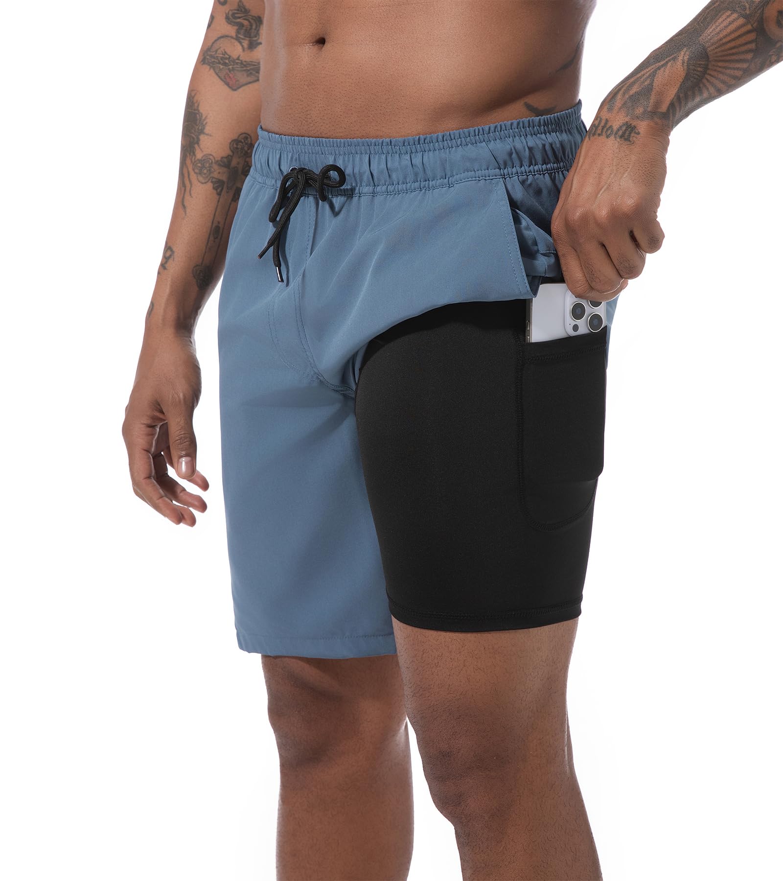 difficort Mens Swim Trunks 9" Quick Dry Bathing Suit Board Shorts with Compression Liner and Zipper Pocket, Blue-Grey,2X-Large Image