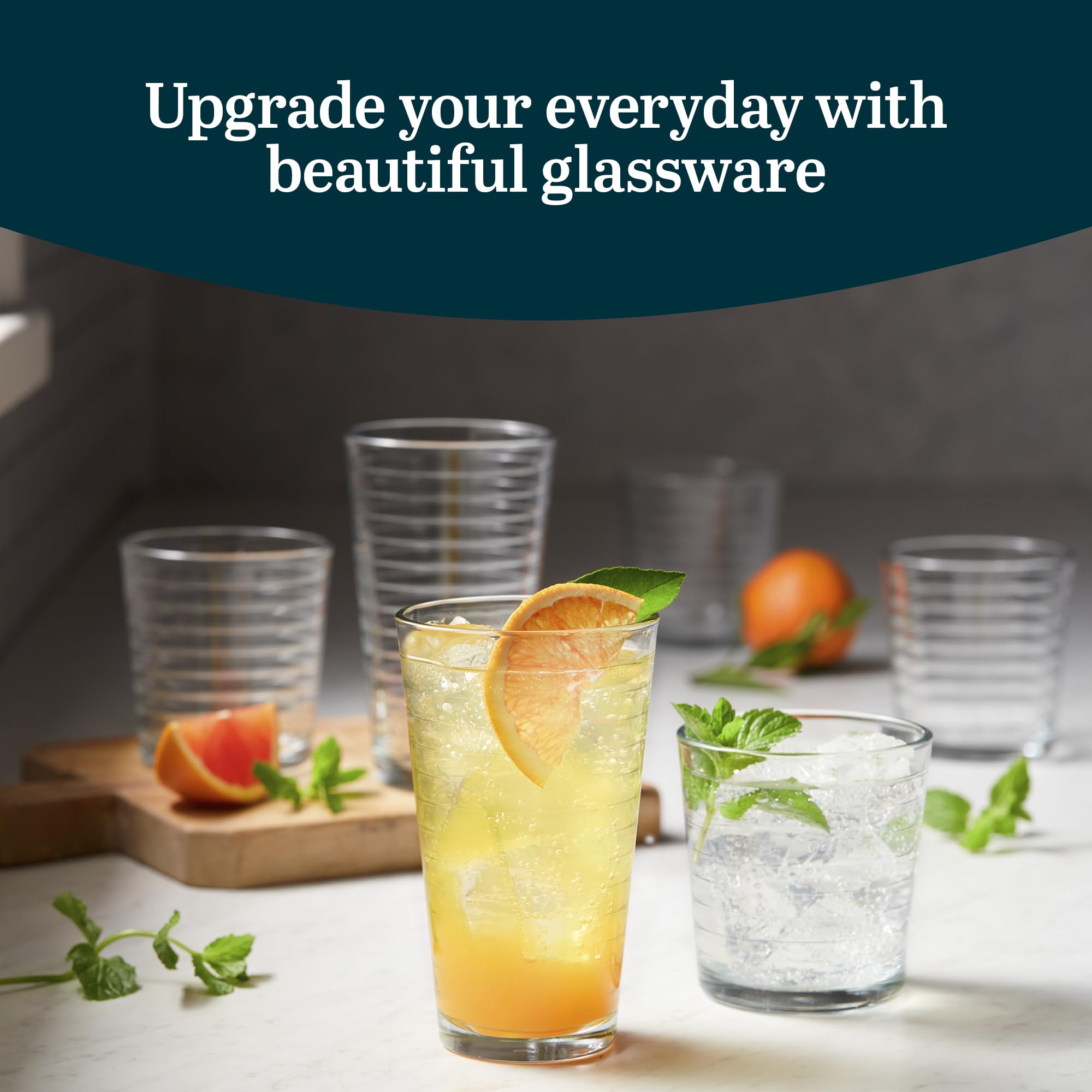 Libbey Hoops Tumbler and Rock Glass Set, Two Sized Nostalgic Retro Glass Cups Set, Dishwasher Safe Glasses Drinking Set of 16 for Any Occasion