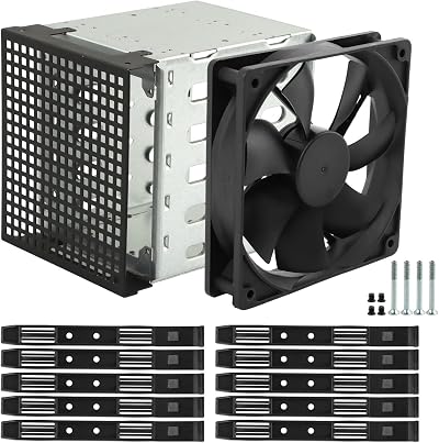 LVOERTUIG Hard Drive Cage 5.25in to 5x3.5in Rack Stainless Steel w/ 12cm Fan
