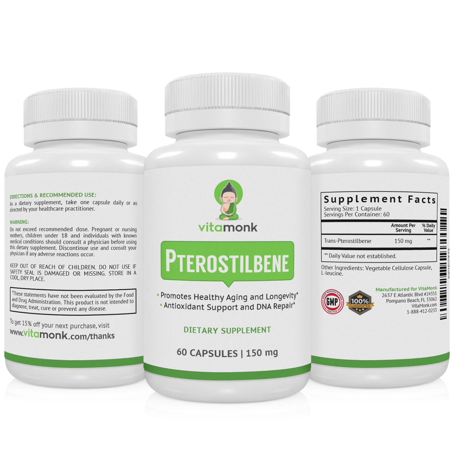 VitaMonk Pterostilbene 150mg Capsules No Artificial Fillers - Soy Free Trans-Pterostilbene Supplement which Promotes Healthy Aging and Longevity - 60 Veggie-Caps - Improved Resveratrol