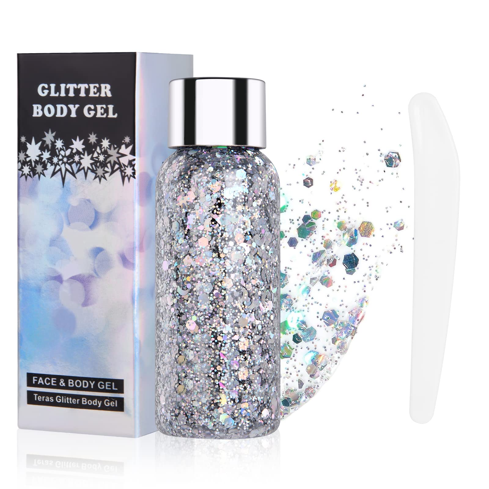 URAQT Holographic Mermaid Sequins Chunky Cosmetic Glitter Face and Body Gel, Sparkling Festival Party Lotion for Face, Body, Eye, Hair, Nail Makeup and DIY Art (Silver)
