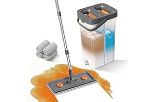 MUEE Mop and Bucket with Wringer Set for Home, Flat Mop and Bucket Set for Floor Cleaning and Window Wall Cleaner, Wet and Dry Mop with Long Handle and 4 Microfiber Pads