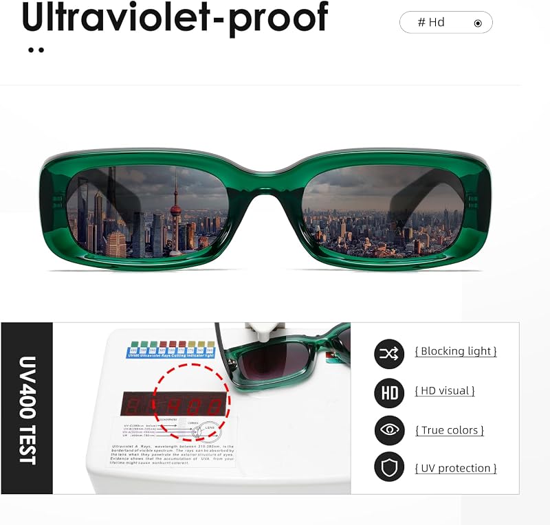 Gafas de sol retro de la Sra. gafas de protección de conducción retro marco cuadrado estrecho protección uv400 (Marco verde transparente/lente degradada gris) — foto 6 de 6