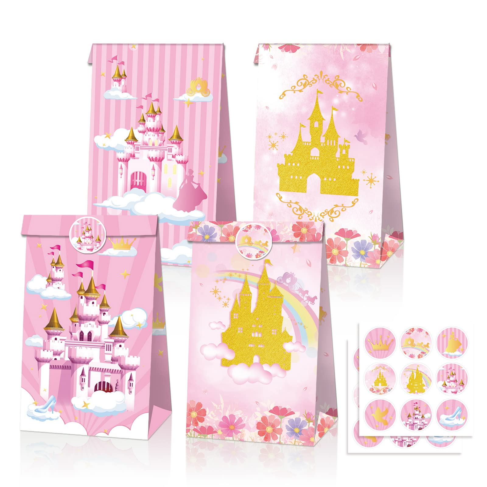 12 Pcs Favor Treat Bag, Pink Castle Candy Goodie Bags Favor Gift Bags With Stickers Princess Theme Birthday Party Supplies