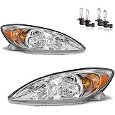 KarSpareHub Headlights w/Bulbs for 2002-2004 Toyota Camry LE XLE | Headlights Assembly with High/Low Beam Bulbs, Chrome Housing, Driver &amp; Passenger Side